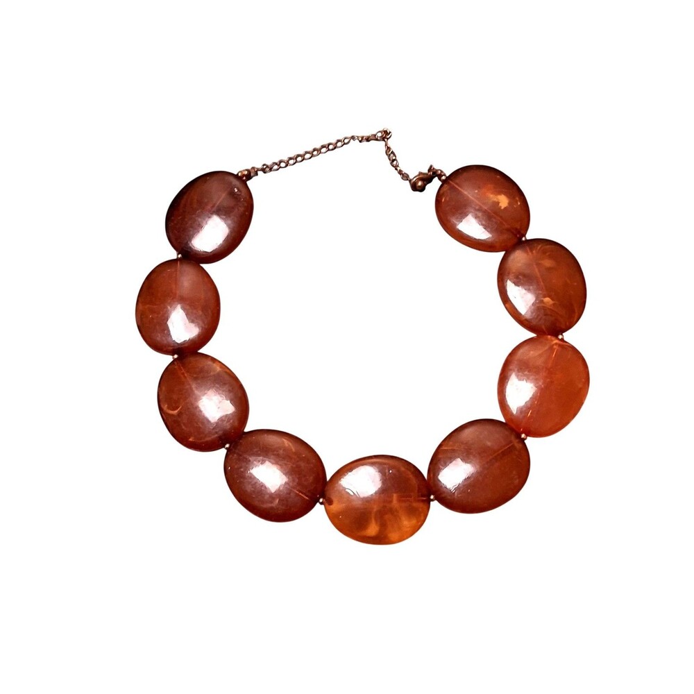Faux Amber Plastic Disc Bead Statement Necklace Oval Chunky Beads